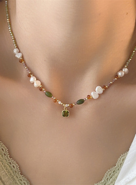 淡水巴洛克珍珠项链 少女森林橄榄石锁骨链 水晶串珠颈链