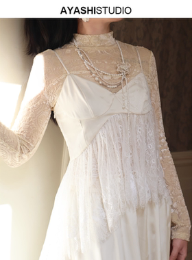 AYASHI【缦·瑶】高定仙女不对称波浪蕾丝拼接绸缎宽松小吊带上衣