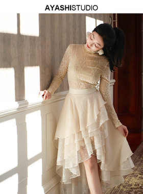 AYASHI【枫 · 纨】不对称枫叶皱欧根纱立裁蕾丝米白色半裙