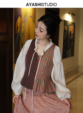 AYASHI【归墟】日本进口纯棉双拼复古衬衫叠穿坎肩无袖背心马甲