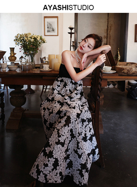 AYASHI【霓裳花】进口超柔纯棉百合花艺术感司马克拼接抹胸长裙