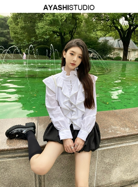 AYASHI【水波】进口纯棉织带拼接重工荷叶边复古宫廷灯笼袖衬衫