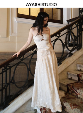 AYASHI原创设计米白色垂坠感亮片流苏立体刺绣花卉半裙甜妹网纱A