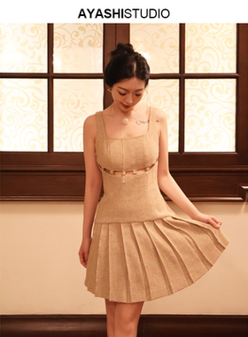 AYASHI【堆绫】日本进口花呢奶茶色镂空纽结拼接压褶背心连衣裙