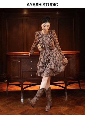 AYASHI【叠绣】重工 桑蚕丝提花 不规则荷叶边法式连衣裙送腰带