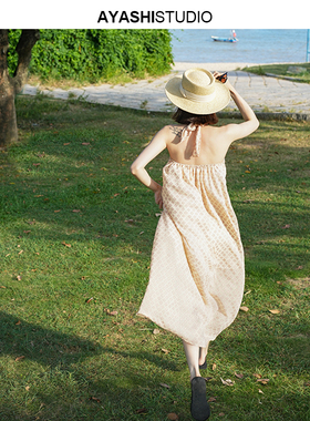 AYASHI【菡萏】提花雪纺立裁爱琴四叶草半透挂脖系带度假长裙法式