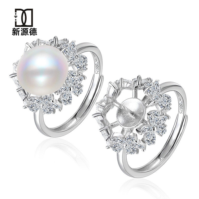 S925纯银澳白高亮贝珠戒指女设计款轻奢高端晶莹繁花指环银戒托图片