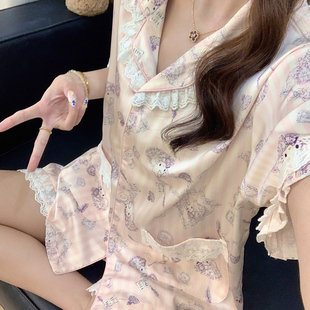 冰丝睡衣女款春秋季卡通甜心KT猫超火ins短袖长裤夏天家居服套装