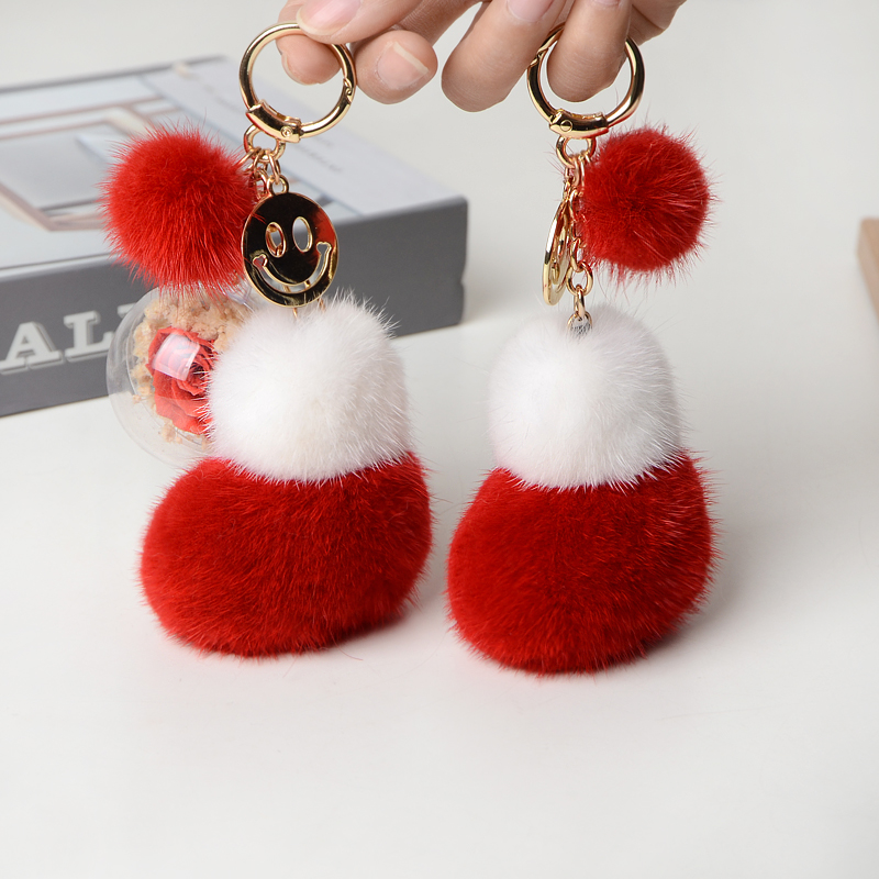 可爱水貂毛圣诞小袜子挂件汽车钥匙扣皮草包挂饰圣诞节创意礼物