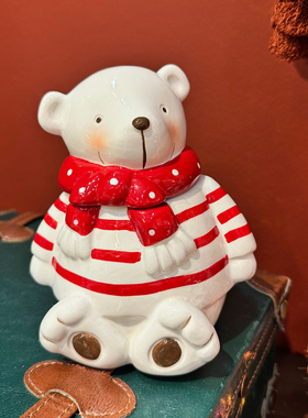 韩国同款立体手绘萌熊卡通糖果收纳罐陶瓷储物罐圣诞摆件节日礼物