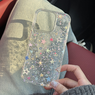 RS｜闪粉碎银透明星星硬底软边防摔大孔适用于苹果16promax手机壳少女心春日手机壳女ins15pro韩风小红书爆款