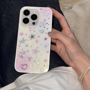 RS｜梦幻y2k鎏金彩色晕染星星爱心17promax手机壳iPhone新款 15韩风13少女网红14pro防摔保护套