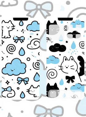 猫猫云蓝白简笔画蝴蝶结 原创高清手机平板头像壁纸 2张 BI_0040