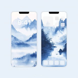 天青色等烟雨水蓝 中国风水墨画诗意境 高清手机壁纸 2张 BI_0023