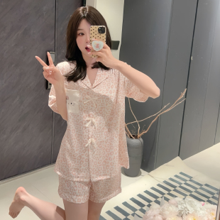 套装 Pyjamas 可爱少女冰丝家居服短裤 睡衣女春秋长裤 豹纹KT猫短袖