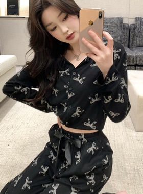 诱惑黑色蝴蝶结睡衣可爱少女春秋季长袖长裤甜美学生家居服套装