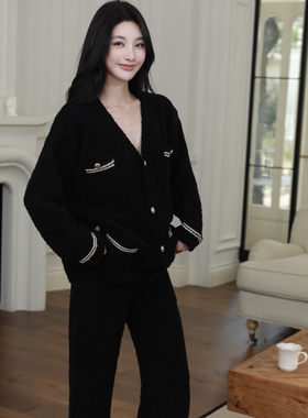 2025新款睡衣女秋冬季半边绒小香风加厚加绒可外穿家居服套装