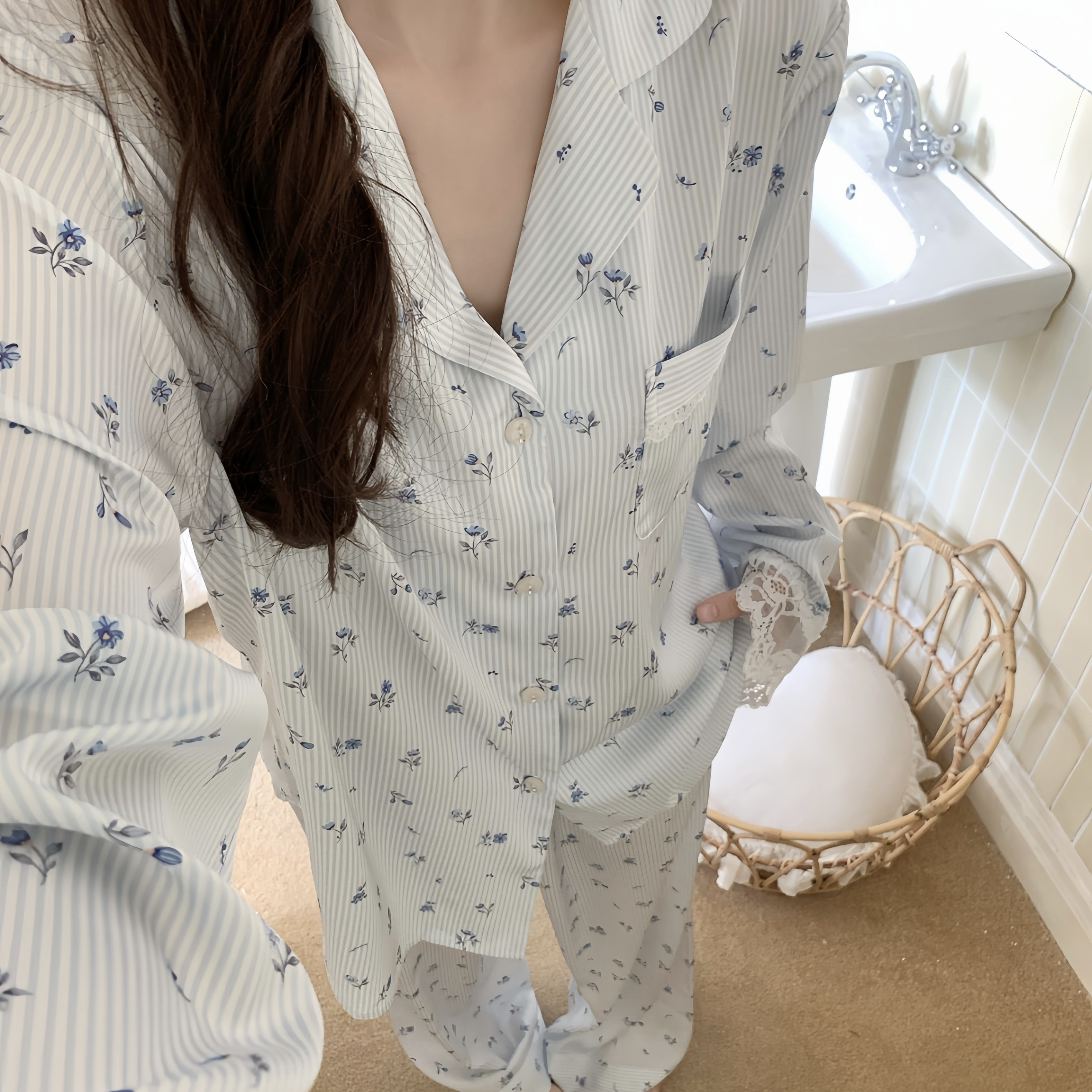 Pyjamas清新碎花长袖睡衣女春秋甜美蕾丝开衫家居服冰丝两件套装