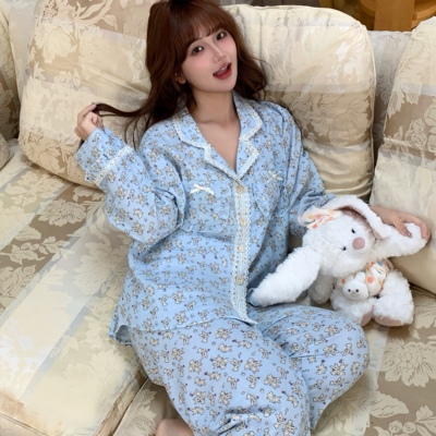 半眠Pyjamas甜美少女卡通翻领长袖睡衣女春秋双层棉纱家居服套装