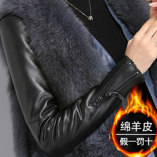 真皮绵羊皮配皮草马甲的皮袖打底衫女冬内搭针织毛衣羽绒皮袖加厚