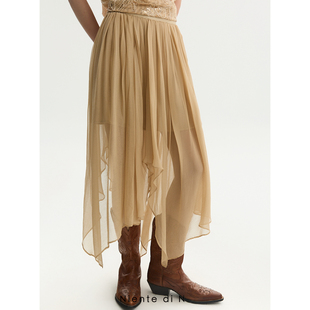 干皱丝不规则褶皱沙漠黄伞裙 Niente