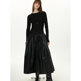 细纹皮质拼接立体感连衣裙 Niente