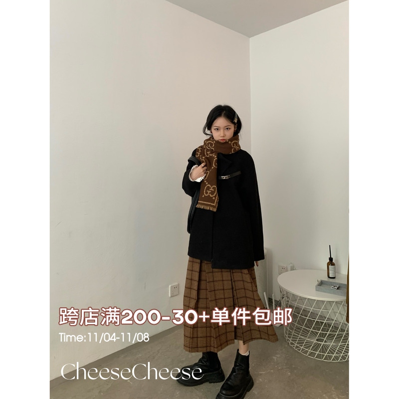 cheese 曲奇饼干 裙子羊毛格纹中长款日系复古a字秋冬季女半身裙