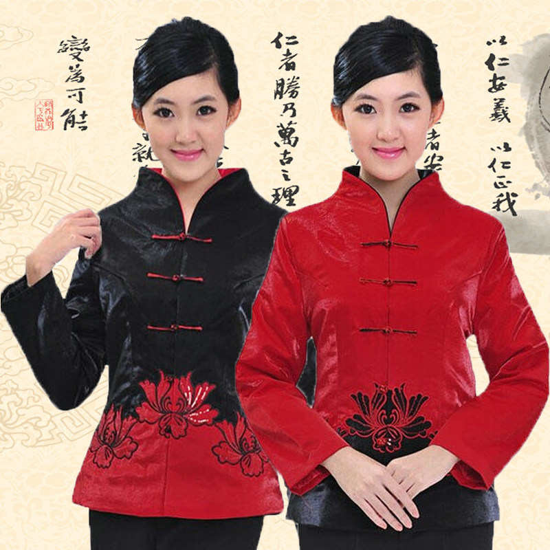 新款长袖秋冬装女唐装棉袄中餐厅茶楼服务员工作服加厚茶艺师服装