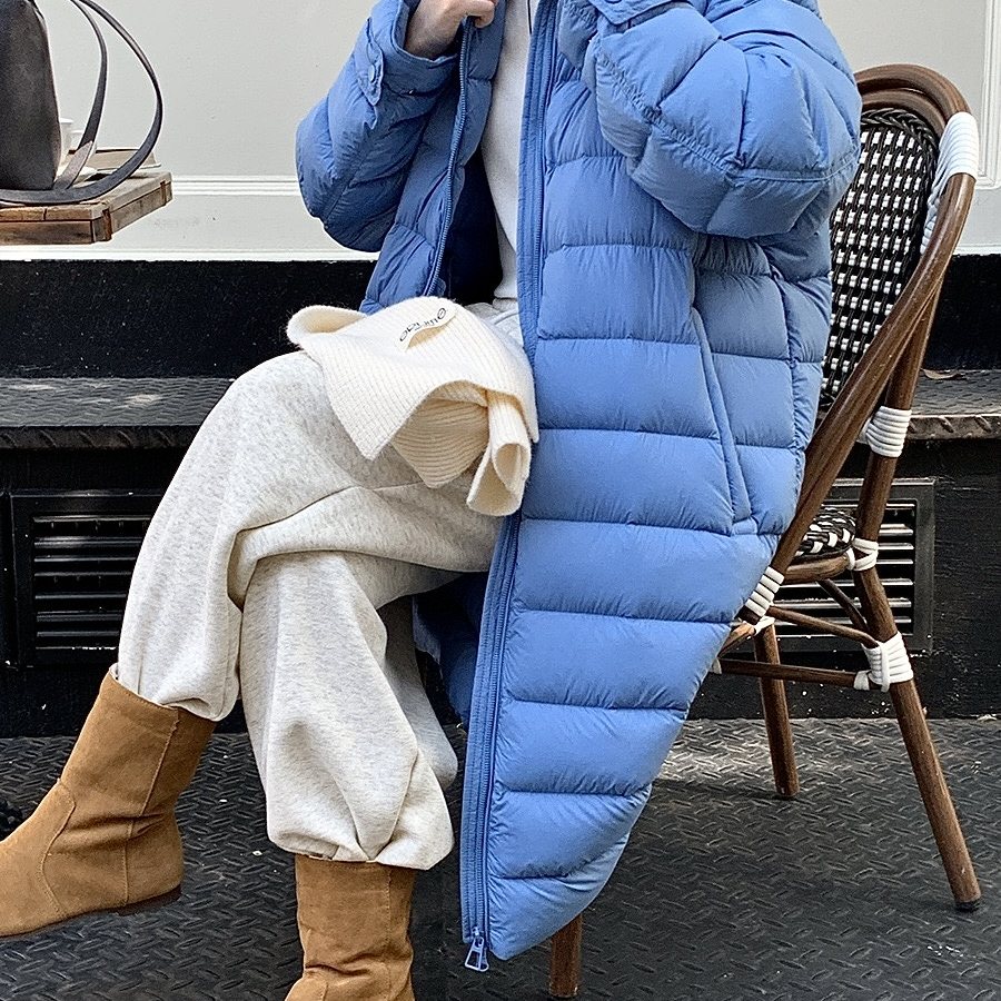 连帽立领过膝羽绒服2025冬新款90白鸭绒加长款排骨面包服保暖外套