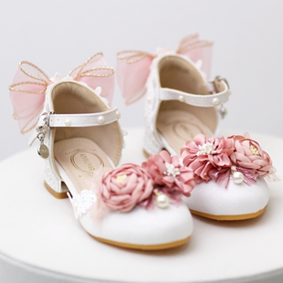 粉色花朵珍珠包头女儿童凉鞋一字式高跟舞蹈生日公主中大童女鞋夏