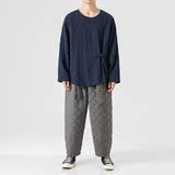 2025冬季宽松棉麻打底长袖唐装汉服搭配套头风T恤T73P50，男装T恤，电商B375