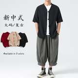 25复古加大码中山装中袖棉麻无领风扣子唐装衬衫C88P70，男装衬衫，电商B375