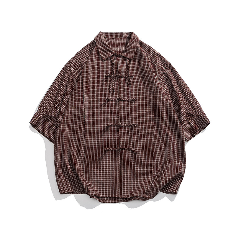 夏装港风实物图暗格子双门襟新中式翻领汉服平铺图衬衫 C77 F65图片