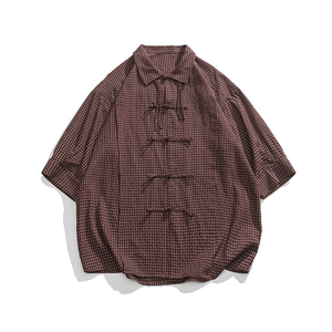 夏装港风实物图暗格子双门襟新中式翻领汉服平铺图衬衫 C77 F65图片