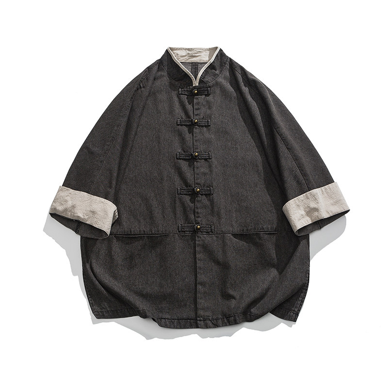 夏装港风中式布衣牛仔衬衫风马褂汉服做旧衬衣 C78 F75图片