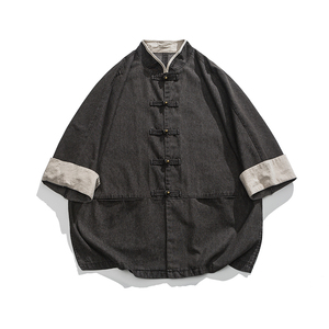 夏装港风中式布衣牛仔衬衫风马褂汉服做旧衬衣 C78 F75图片