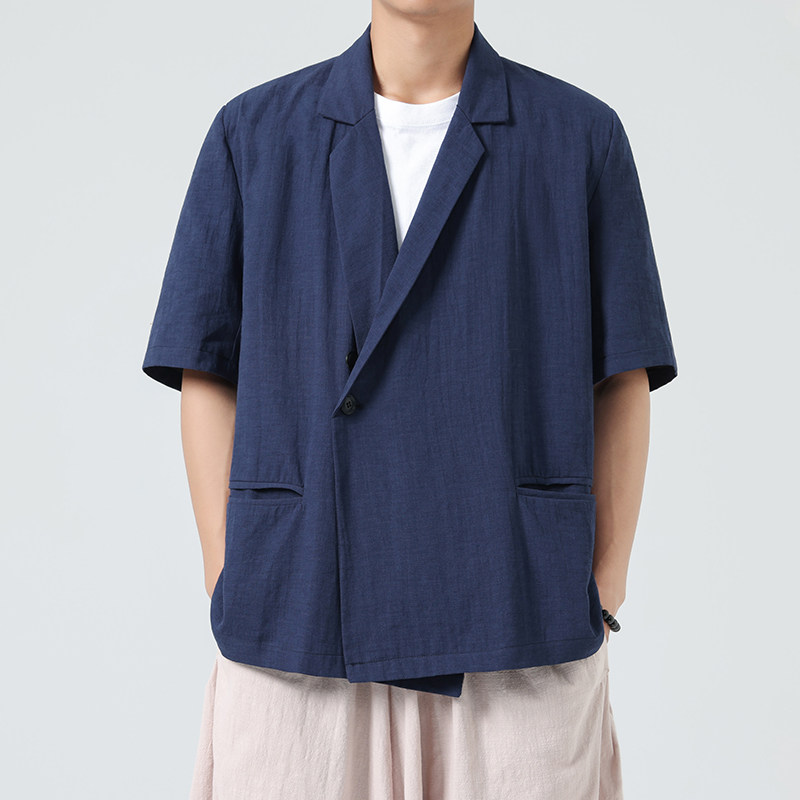 新中式宽松唐装复古中山装短袖棉麻风汉服夏西服 JK73 P80图片