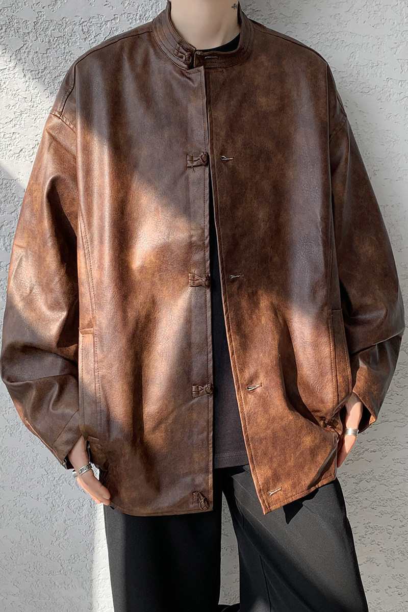 25年春季宽松立领水洗皮衣复古布扣中式港风皮夹克JK69P125,男装夹克,电商B375