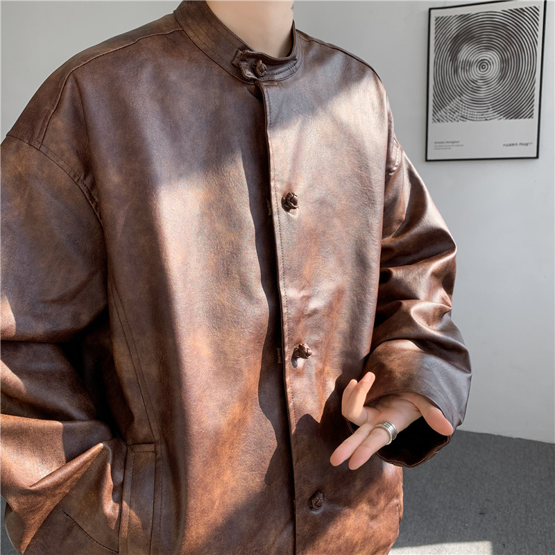 2025唐装汉服春复古加大码水洗皮夹克厚风皮衣 JK69 P125图片