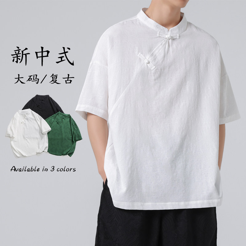 春夏复古新中式汉服加大码日系棉麻风衬衫C70F65,男装衬衫,电商B375