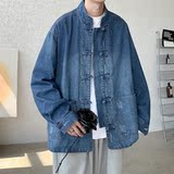 25年宽松加大码牛仔做旧长袖衬衫厚复古中式夹克JK43P105，男装衬衫，电商B375