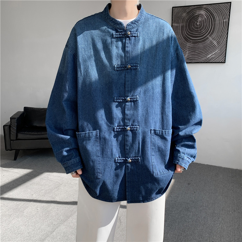 25加大码春季新中式水洗牛仔夹克布扣中山装风JK65P105,男装夹克,电商B375
