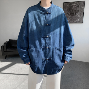 25加大码春季新中式水洗牛仔夹克布扣中山装风 JK65 P105图片