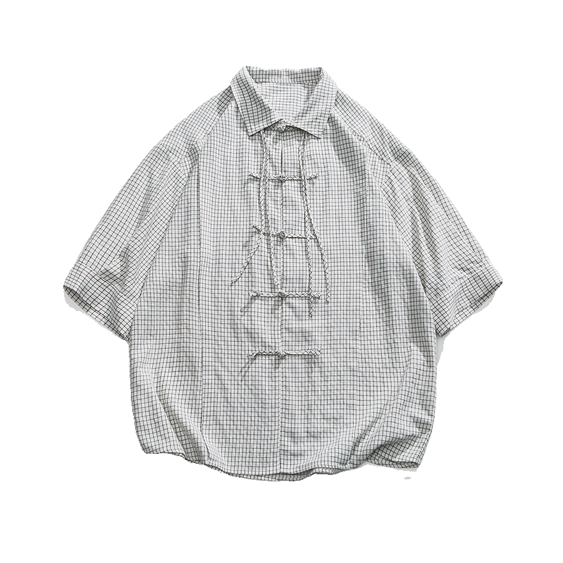 夏装港风实物图暗格子双门襟新中式翻领汉服平铺图衬衫C77F65,男装衬衫,电商B375