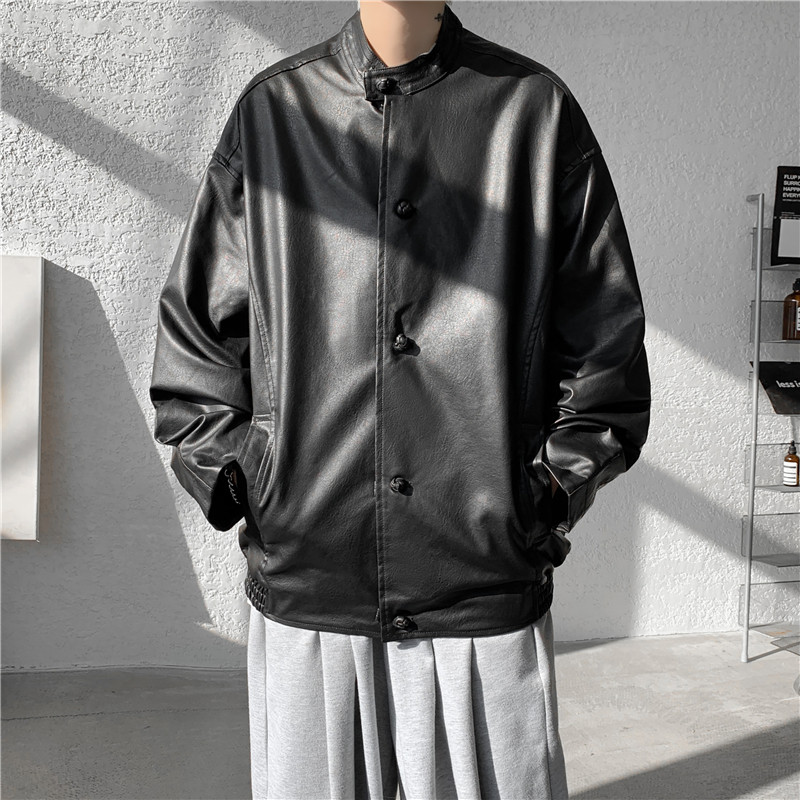 2025春季水洗皮衣宽松布扣立领风中式皮夹克JK69P125,男装夹克,电商B375