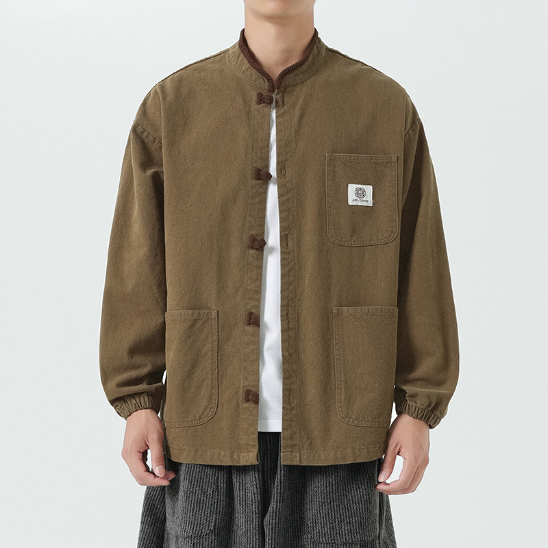 24加大码立领条绒拼接新中式汉服唐装风水洗夹克JK63F110,男装夹克,电商B375