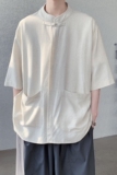 夏季一粒扣麻本色港风纯色立领新中式短袖衬衫C61F65，男装T恤，电商B375