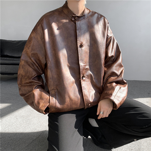 2025春季水洗皮衣宽松布扣立领风中式皮夹克JK69P125