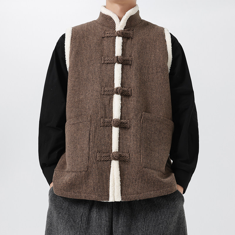 呢料潮唐装汉服立领盘扣加绒加厚风棉背心JK70P100,男装背心/马甲,电商B375