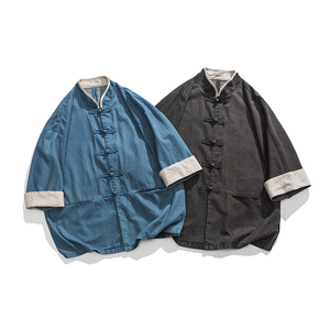 夏装港风中式布衣牛仔衬衫风马褂汉服做旧衬衣 C78 F75图片